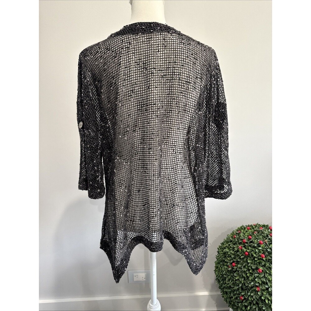 Lulu B Cardigan Mesh Black Slub Wood Button Front Sharkbite Lagenlook Sz L - Picture 4 of 8